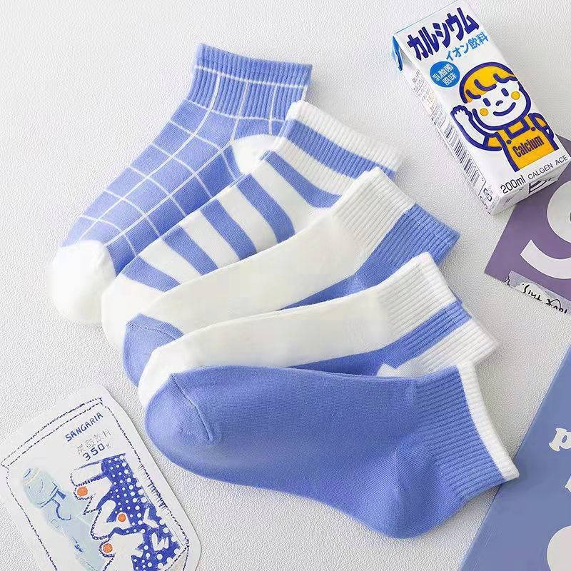 T&amp;Y Kaos Kaki Pendek Fashion Wanita Korea Style Model Garis Biru 6802 Kaoskaki Pendek Motif Kotak Kaus Kaki Warna Biru Putih Kauskaki Motif Belang Bahan Katun Penyerap Keringat Angkle Socks Import Murah