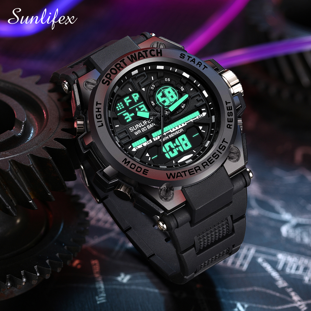 Sunlifex Jam Tangan Pria Digital&Analog Olahraga Multifungsi Tali Silikon Jam Tangan Cowok D003-Black