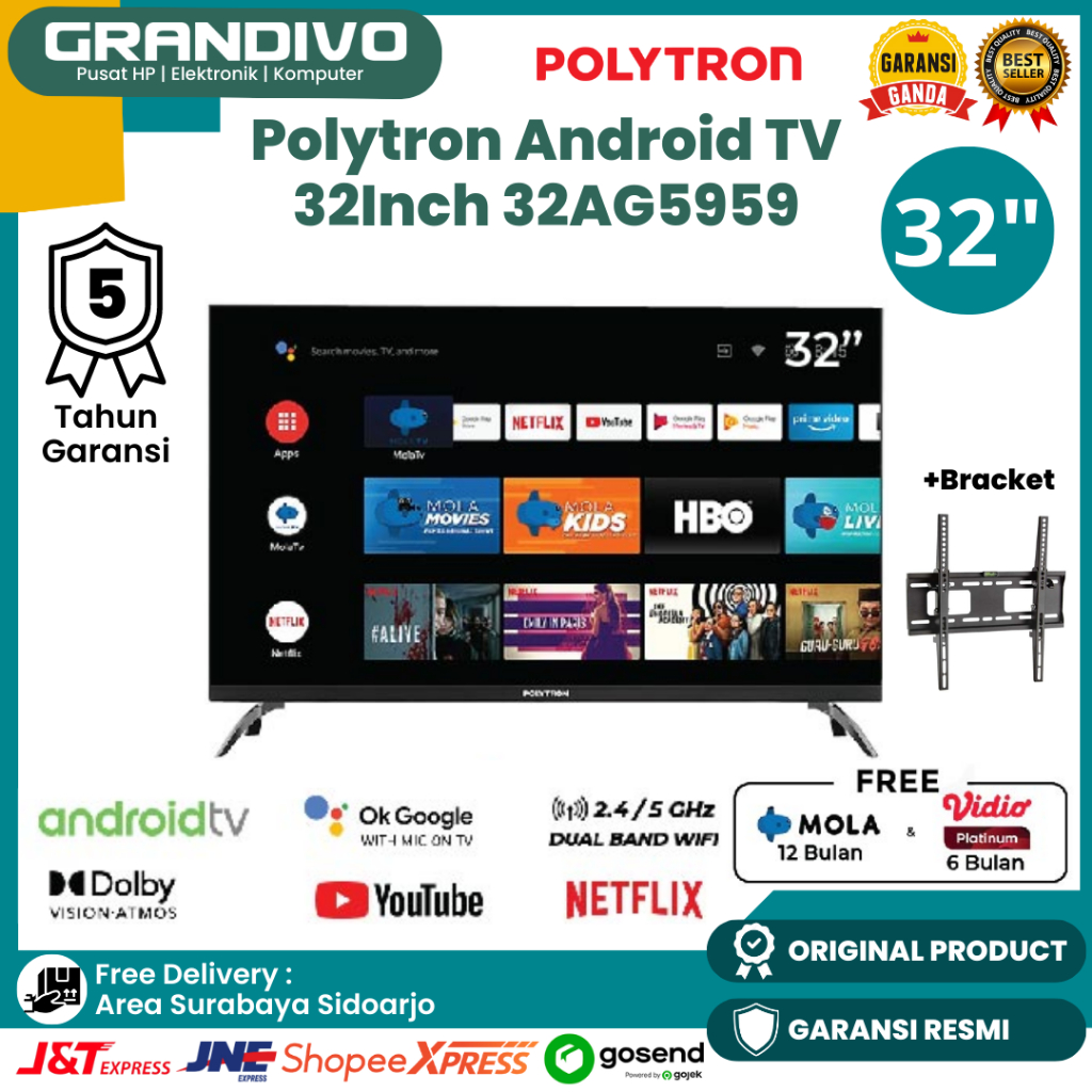 Polytron Android TV 32 Inch FHD Bluetooth Remote Google Assistant Youtube Netflix - PLD 32AG5959