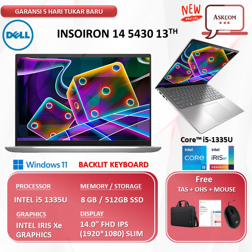 Laptop Dell Inspiron 14 5430 i5 1335U RAM 8GB 512GB SSD Iris Xe Win11+OHS 14.0&quot;FHD IPS Backlit