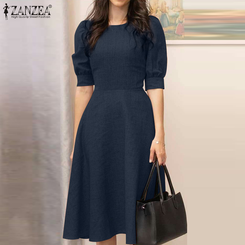 ZANZEA Women's Party O-Neck Waist A Swing Solid Color Bubble Sleeve Dress