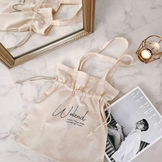 Pouch serut tenteng custom min 50 pcs bahan blacu