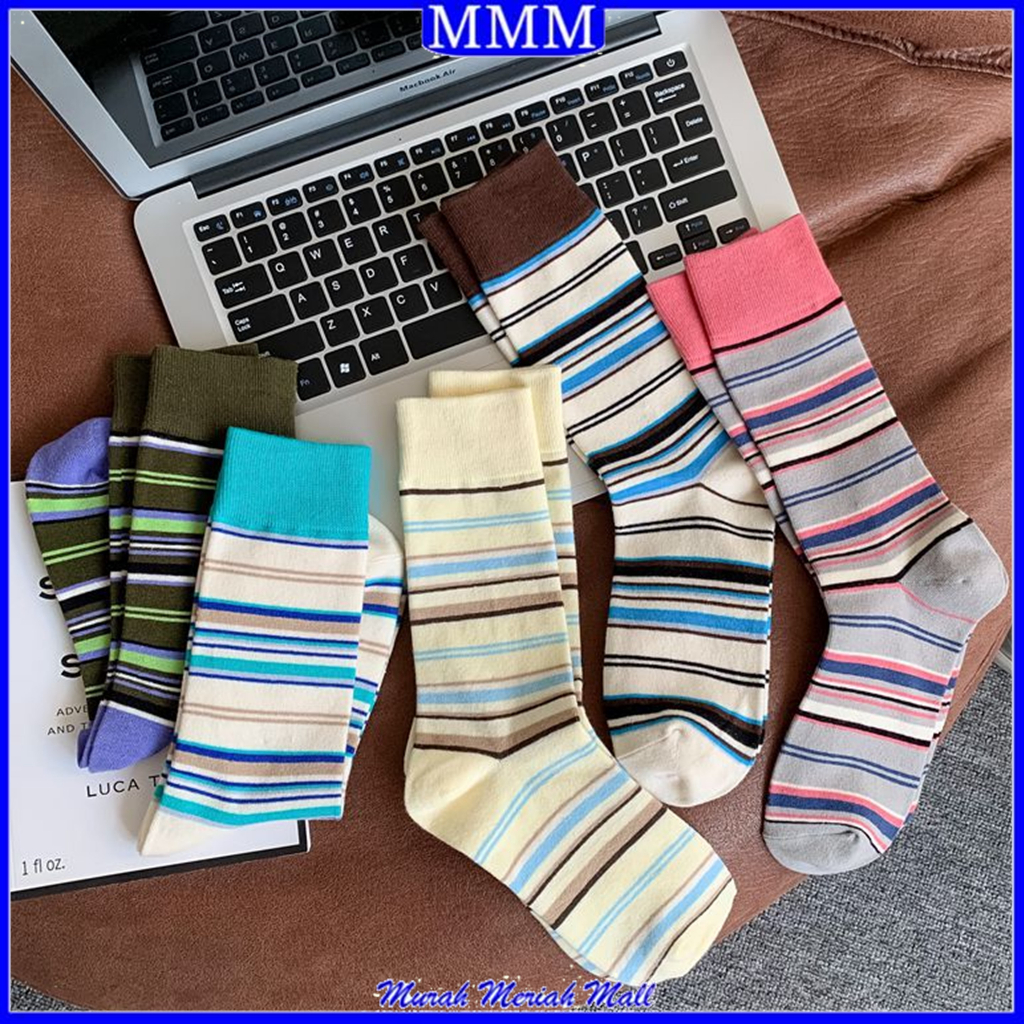 MMM Kaos Kaki Panjang Motif Garis Belang 6737 Sarung Kaki Strip Garis Warna-Warni KaosKaki Panjang Korean Styles Mid Socks Import Murah