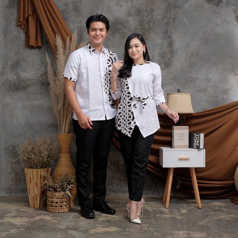 Couple kemeja dan bluse motif polos kombinasi batik kekinian fashion