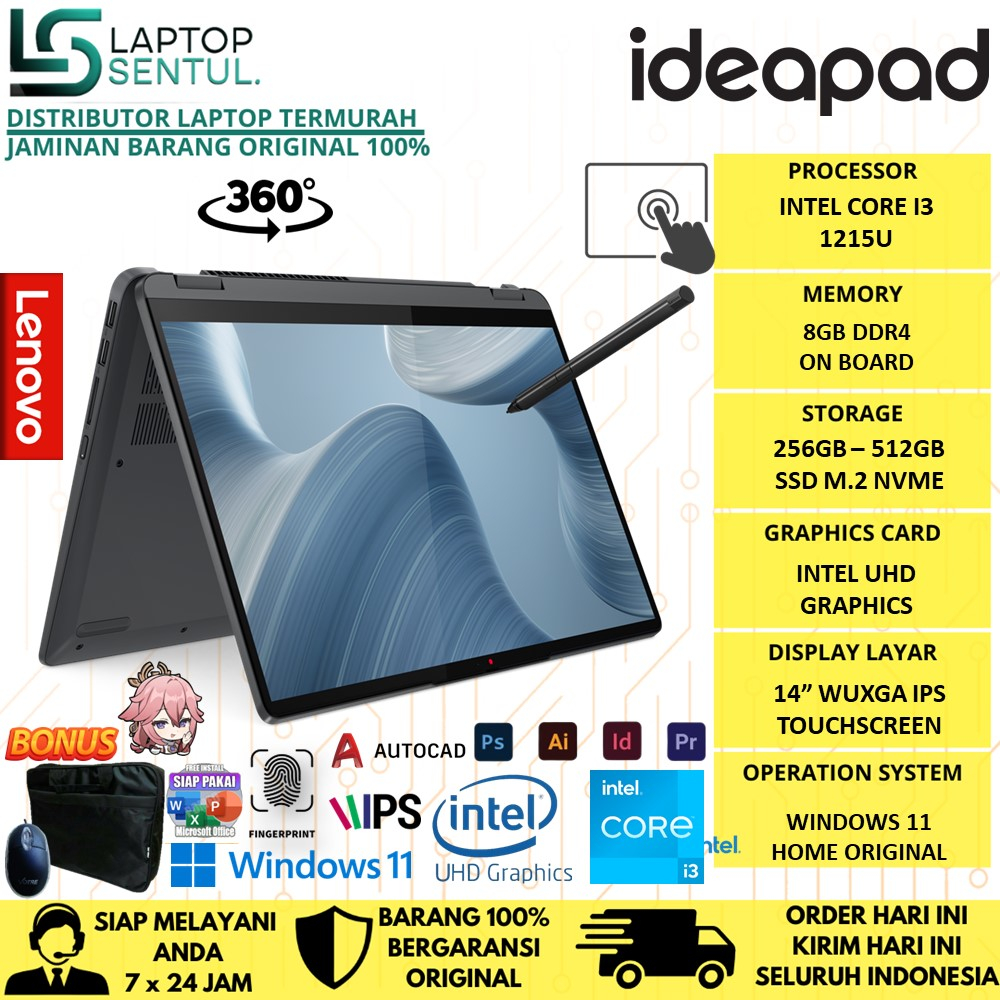 LAPTOP LENOVO IDEAPAD FLEX 5I 14IAU7 INTEL I3 1215U RAM 8GB 512GB SSD WUXGA IPS TOUCH WINDOWS 11 HOME ORIGINAL