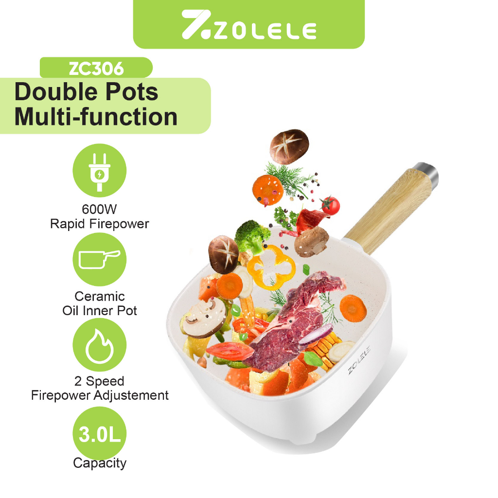 ZOLELE Panci Listrik Multifungsi 3L Elektric Masak Cooker Serbaguna 4 in 1 Food Frypan Hotpot 2-Layer Panci Pot FDA Kukus Steamer Low Watt   with Gagang Anti Melepuh Panci Anti Lengket Peralatan Fryer Dapur Panci Kukus Deep Rebus Kitchen Portable ZC306