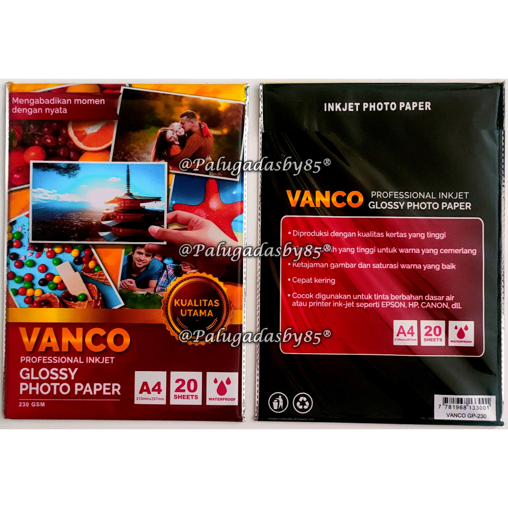 

Kertas Foto Glossy Vanco GP-230 A4 230 Gsm (1 Pak Isi 20 Pcs) / Glossy Photo Paper Vanco A4 230 Gsm / Glossy Photo Paper Murah