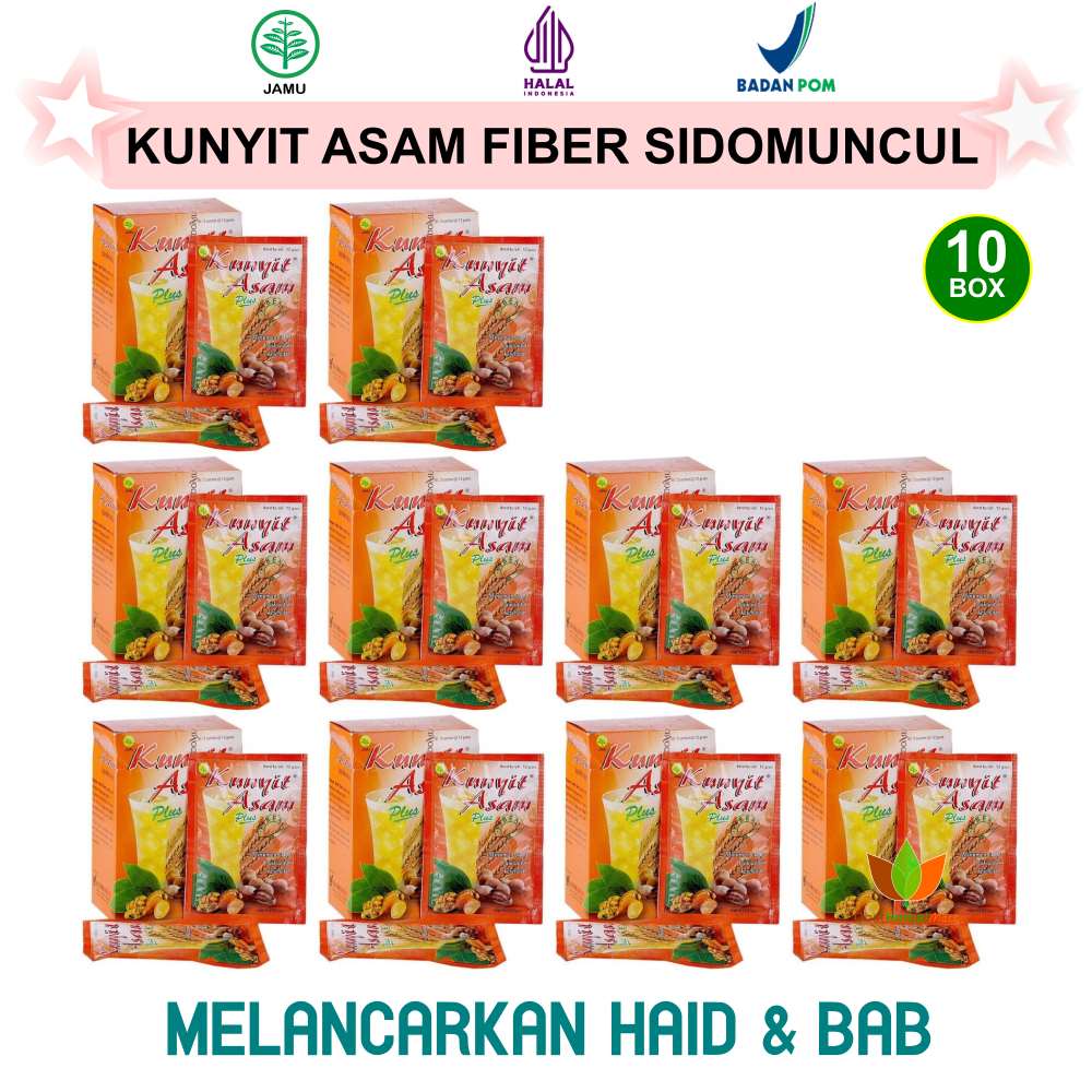 

50 SACHET JAMU KUNYIT ASAM PLUS FIBER SIDOMUNCUL OBAT HERBAL PELANCAR HAID BAB DAN NYERI HAID, MINUMAN SERAT KESEHATAN BUBUK INSTAN KUNYIT ASEM SIDO MUNCUL 10 BOX