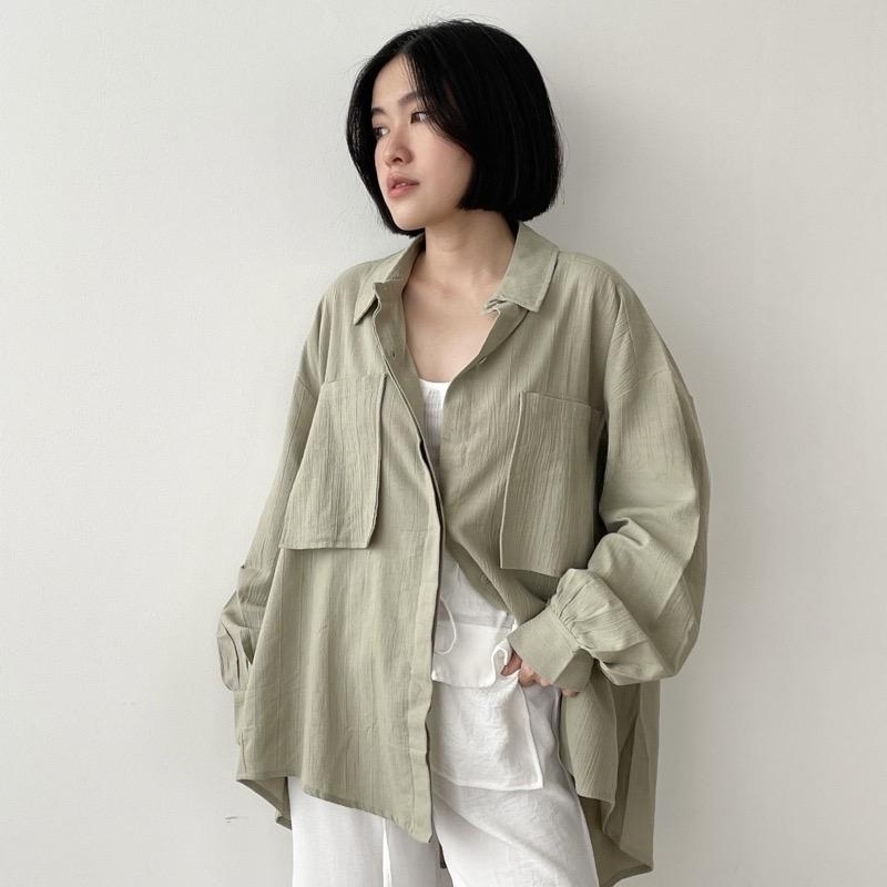 Kemeja Linen Crinkel Oversize - Gea Top Niki Shirt - Kemeja Oversize Linen 2 Pocket - Atasan Wanita