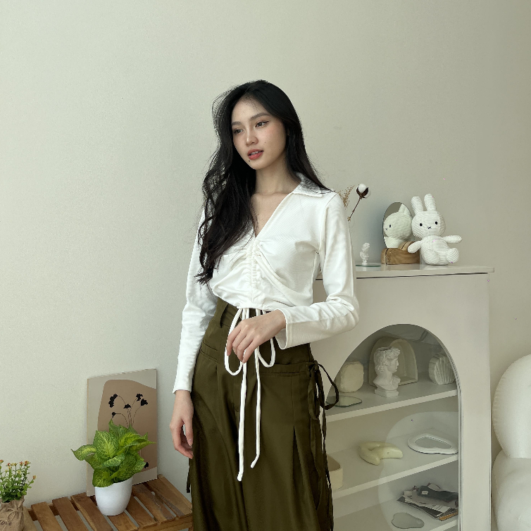 Nadine Long Sleeve Knit Top - Atasan Casual - Blouse Serut - Top Wanita - Korean Style