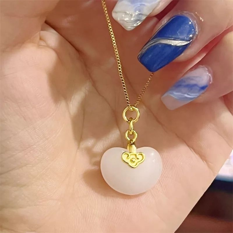 FerenHongXia Kalung Rantai Lapis Emas 18K Dengan Liontin Batu Giok Natural untuk Wanita