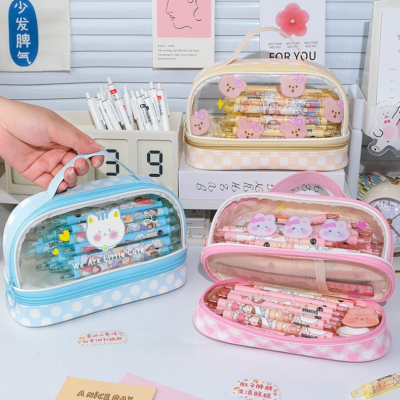 Gelasa Kotak Pensil Anak PVC Transparan Zipper Tenteng Jumbo Waterproof Dual Slot