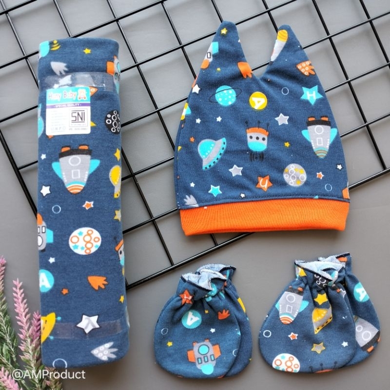 4in1 set bedong + sarung tangan + sarung kaki + topi kupluk bayi newborn printing