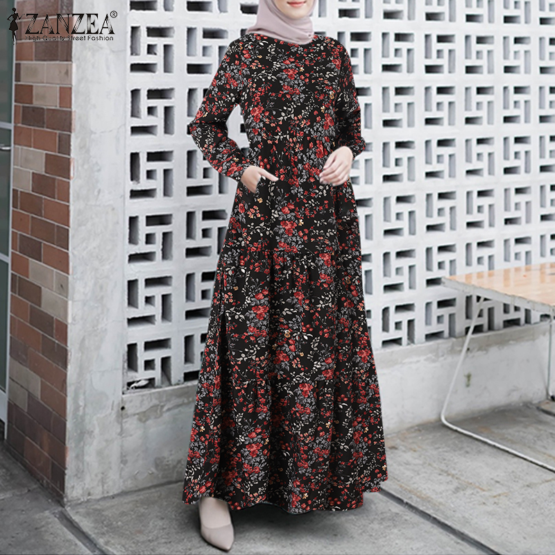 ZANZEA Women Muslim Vacation Casual Elegant O-Neck Long Sleeve Print Maxi Dress