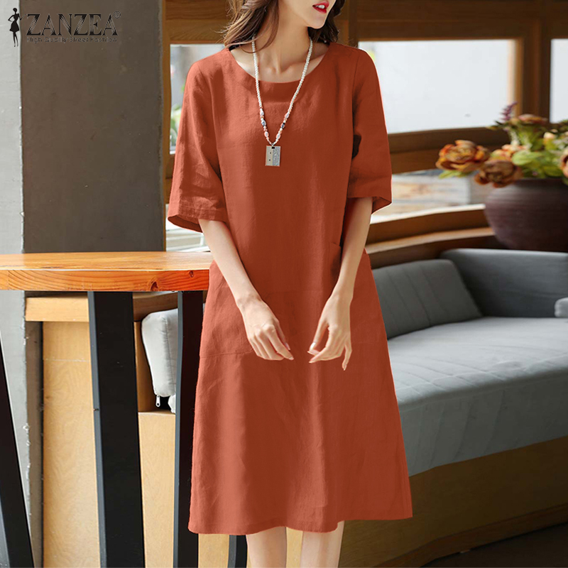 ZANZEA Women Daily Casual Retro Half Sleeves Solid O-Neck With Pockets Mid Length Dress