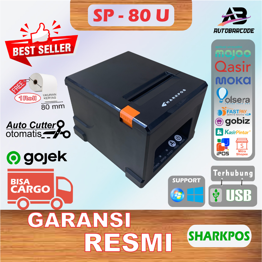 Printer Bluetooth Sharkpos SP80U / SP-80U / SP 80 U Kertas Thermal 80MM Autocutter Pos Kasir Struk PPOB