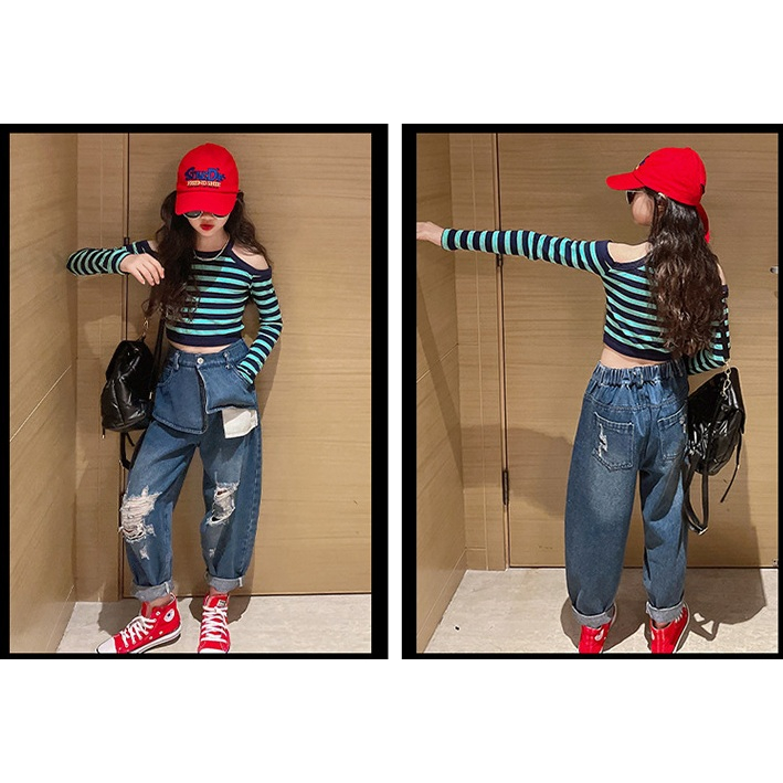 Setelan anak perempuan import MOTIF GARIS TOSCA +JEANS TEBAL- setelan anak teenager perempuan import