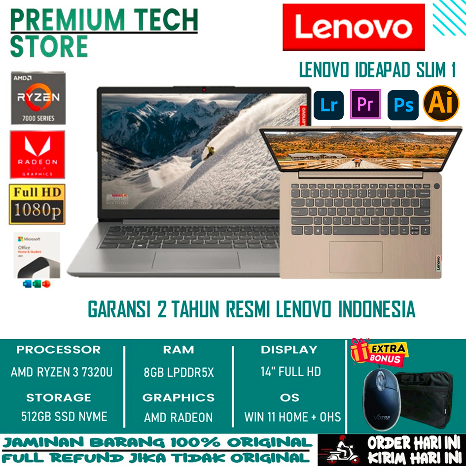 PROMO Laptop NEW Murah Lenovo Ideapad Slim 1 14 AMD RYZEN 3 7320U 8Gb 512Gb Ssd Radeon 14 Fhd Windows 11 OHS