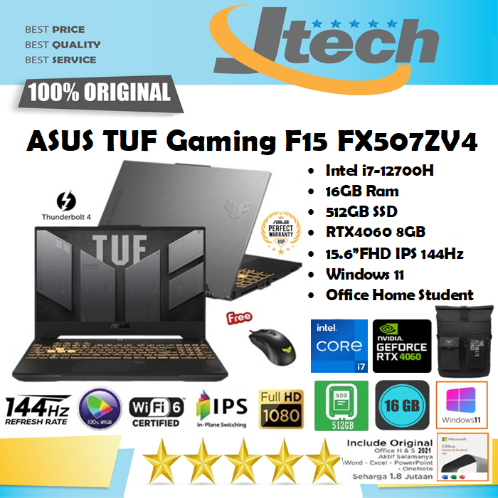 ASUS TUF Gaming F15 FX507ZU4 - i7-12700H - 16GB - 512GB SSD - RTX4060 8GB - 15.6&quot;FHD IPS 144Hz 100%sRGB - W11 - OHS