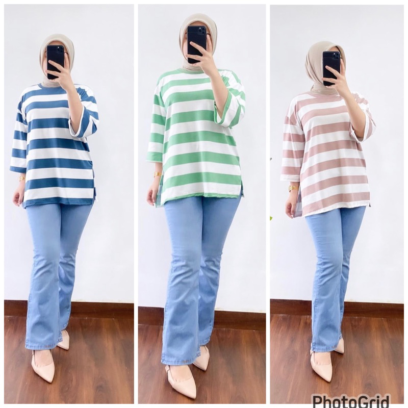 9435 atasan wanita salur oversize kaos import atasan wanita jumbo