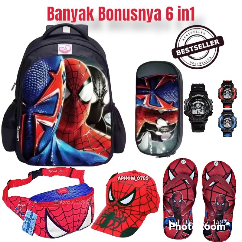 Tas ransel Paket 6IN1 Tas anak Laki-laki Sekolah TK SD Free Tempat Pensil Topi Bordir Tas Waistbag Jam Tangan Dan Sandal Spon