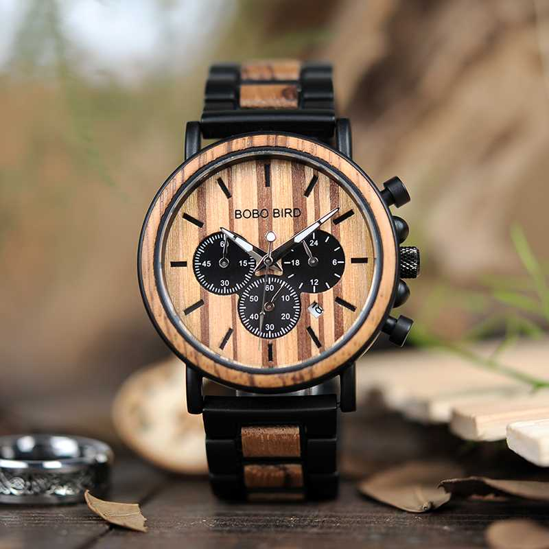 BOBO BIRD  Black Jam Tangan Kayu Chrono Pria - WP09