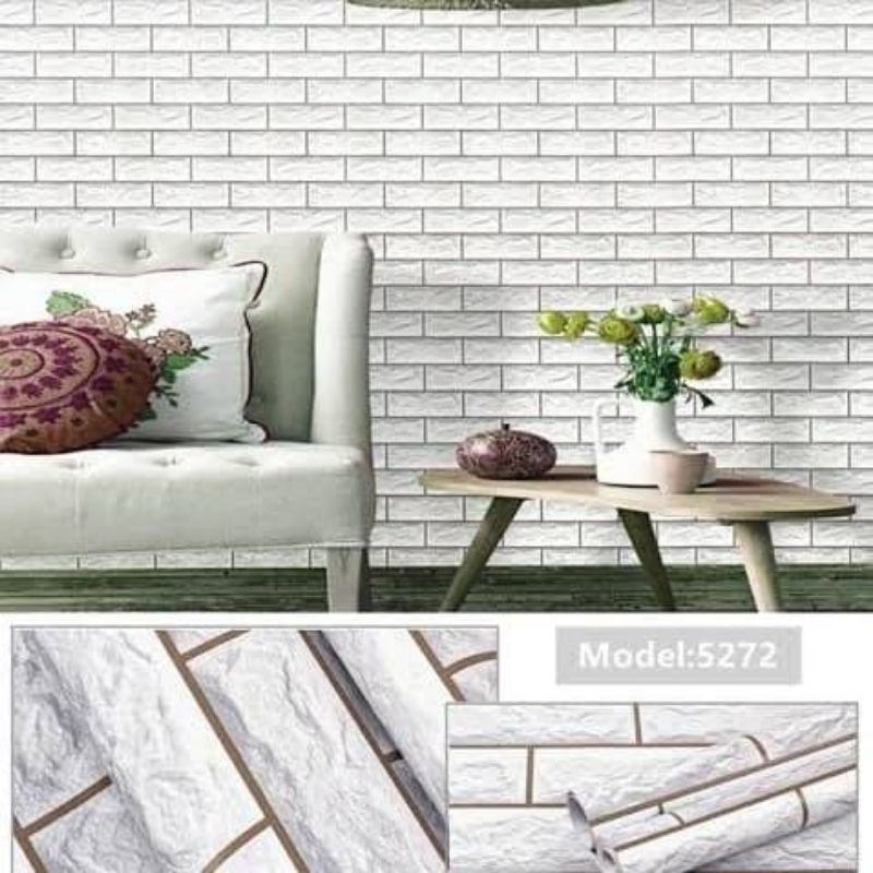 Wallpaper Dinding Batu Bata Putih Lis Coklat 45cm x 10m