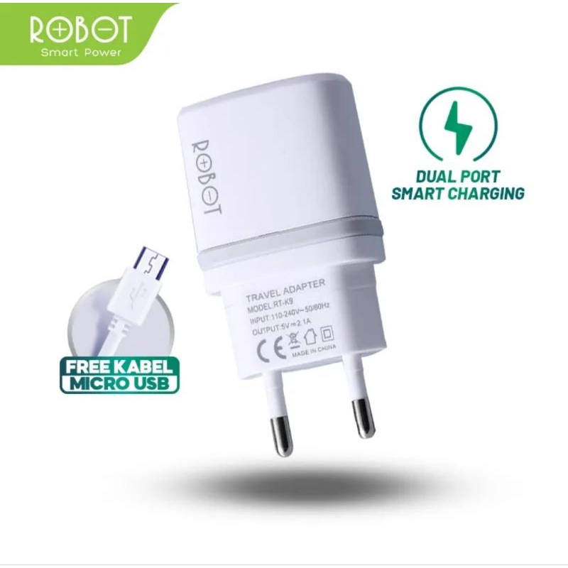 CHARGER DUAL PORT USB 2.1A KABEL MICRO USB ROBOT RT-K9 GARANSI 1 TAHUN