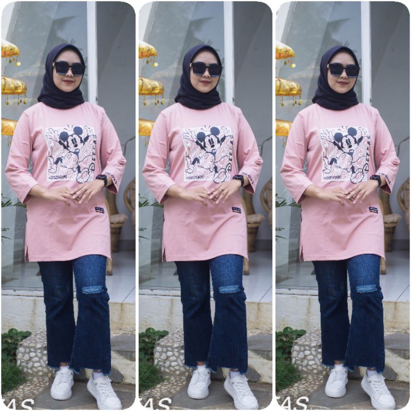 STIK BALIK 04√ KAOS LENGAN 7/8 MODEL PINGUIN DEPAN PENDEK BELAKANG PANJANG BAHAN KOMBET 20S Wanita Kaos Wanita Bigsize Terbaru Kaos Lengan 7/8 stikbalik