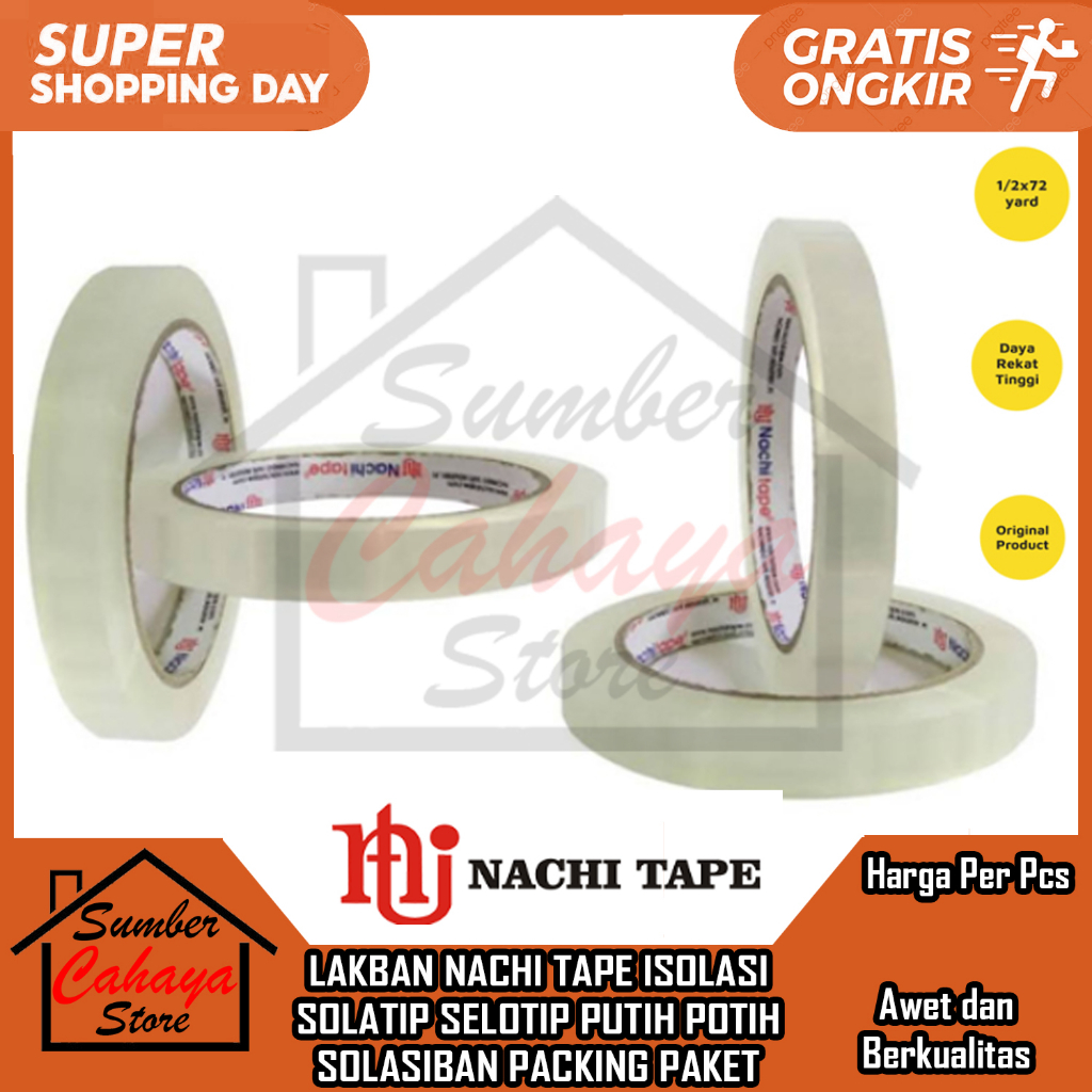 

LAKBAN NACHI TAPE ISOLASI SOLATIP SELOTIP PUTIH 12MM SOLASIBAN PENGEPAKAN PACKING PAKET SELASIBAN SALASIBAN SOLASI PEREKAT MEREKATKAN LEM LENGKET SERBAGUNA MULTIFUNGSI PLESTER PELESTER BARANG SELTIP LAKKBAN SELTAPE SOLTAPE LIM ROL GULUNG SELATIP