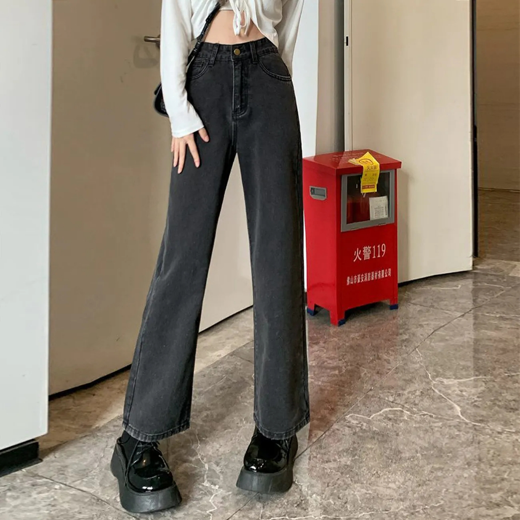 Celana Jeans Wanita Kekinian Korea Style High Waist Straight Jeans Loose Kasual Premium Celana Jeans Hitam Wanita