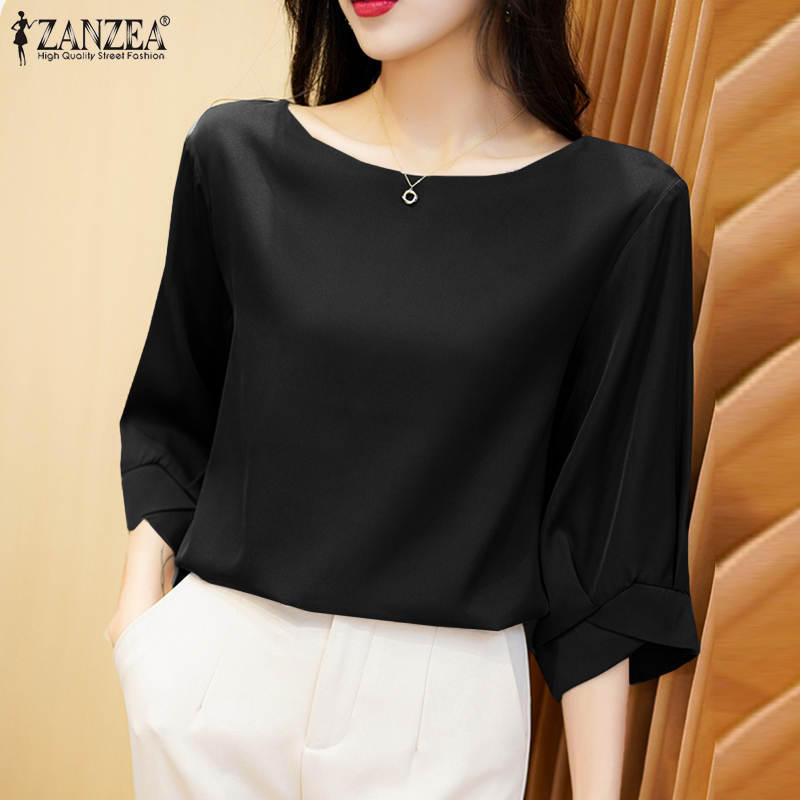 ZANZEA Women Street Fashion Elegant O-Neck Puff Sleeves Satin Solid T-shirt