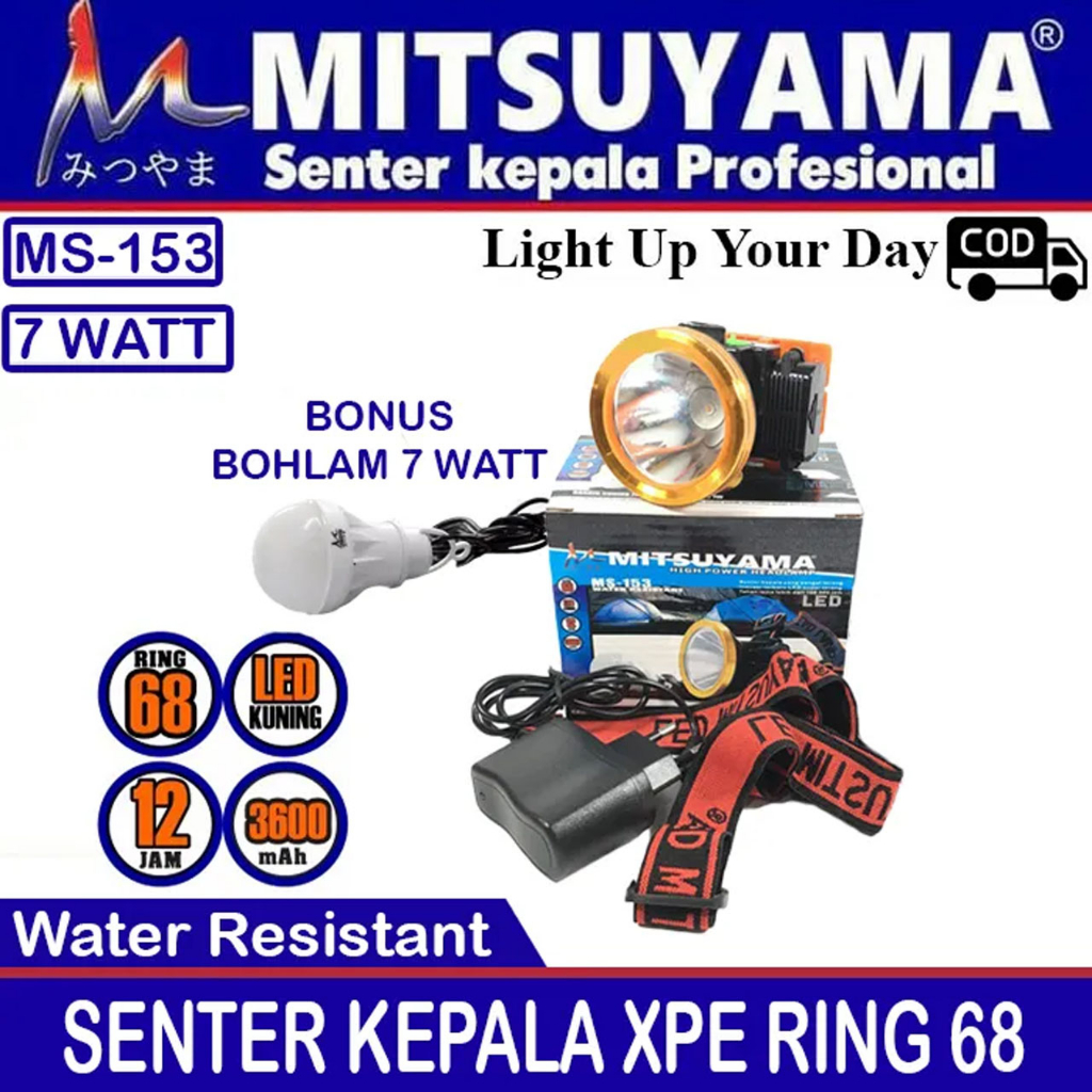 Senter Kepala Mitsuyama MS-153 XPE 7 Watt Ring Alumunium LED MS 153 MS153 LED Headlamp Bonus Lampu LED - Cahaya Kuning