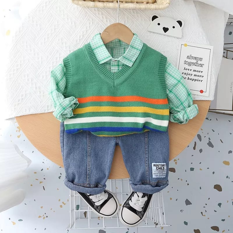 PROMO-SETELAN SWEATER ROMPI RAJUT ANAK LAKI LAKI PEREMPUAN UMUR 1-5 TAHUN MOTIF 3IN1 SALUR CELANA DENIM SETELAN SWEATER KARDIGAN ANAK TERBARU