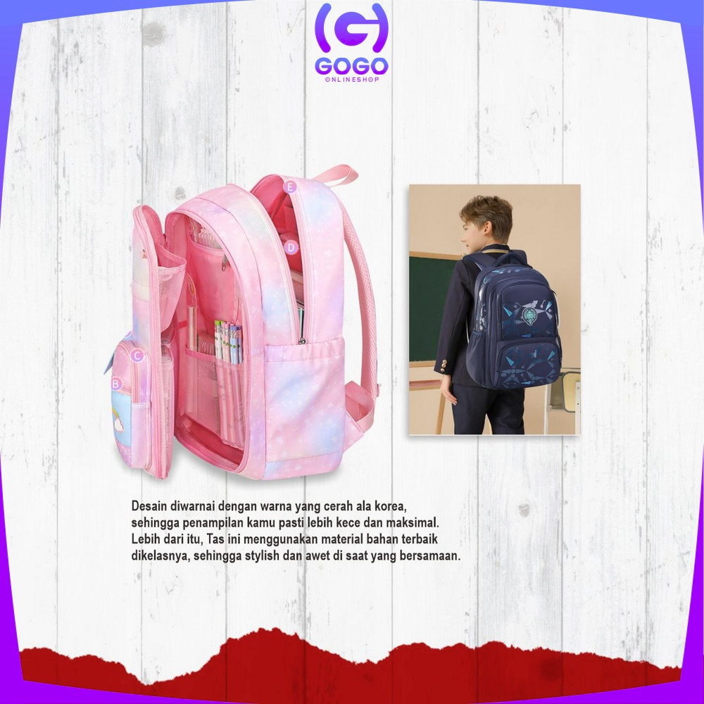 GOGO-T49 Tas Sekolah Anak Perempuan TK SD Kids Bag Backpack Multifungsi Model Pelangi / Ransel Remaja Cewek Cowok Lucu Aesthetic Anti Air Waterproof Import