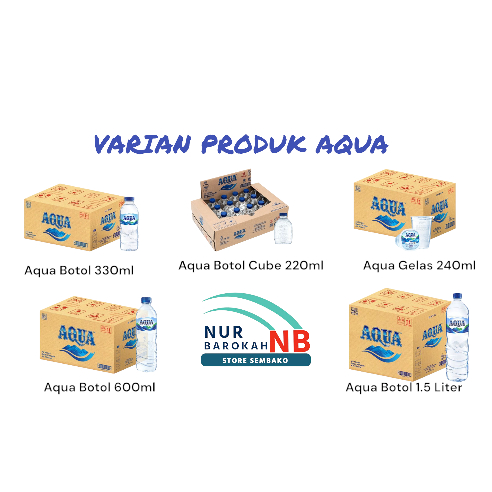 

VARIAN PRODUK AQUA (Aqua botol 330ml / Aqua botol cube 220ml / Aqua gelas 240ml / Aqua botol 600ml / Aqua 1.5 Liter)