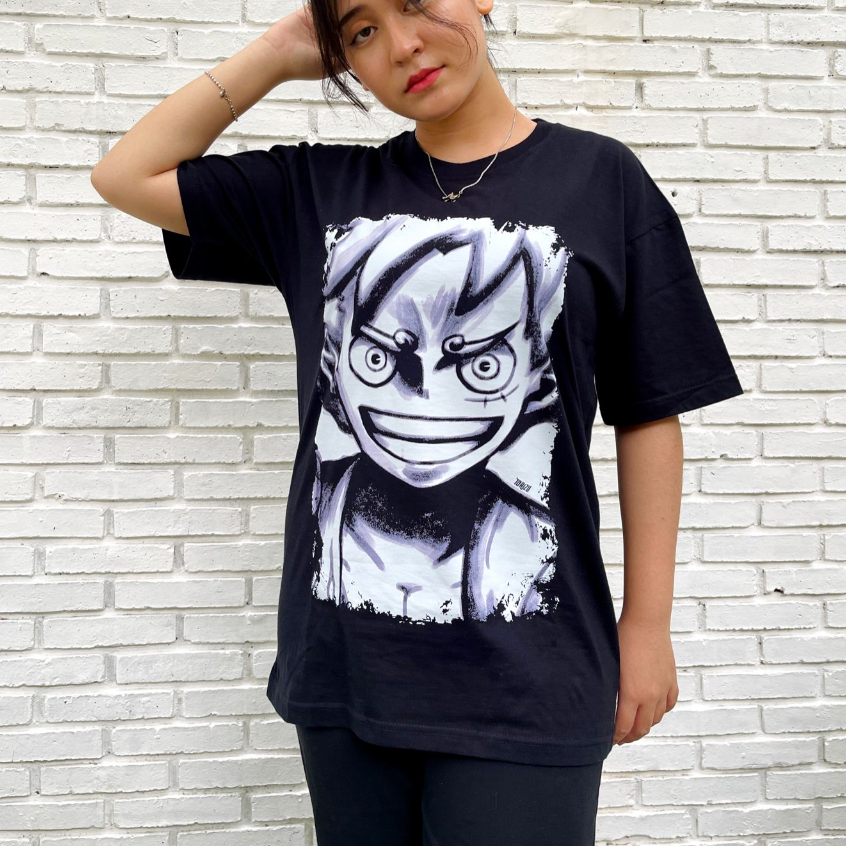 TORIZU Tshirt Luffy God Nika Brush Black Anime Manga One Piece Premium