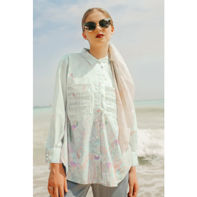 Aquarielle Shirt With Pocket By Benang Jarum - Ivory XS S M L XL XXL buttonscarves series voal froze
