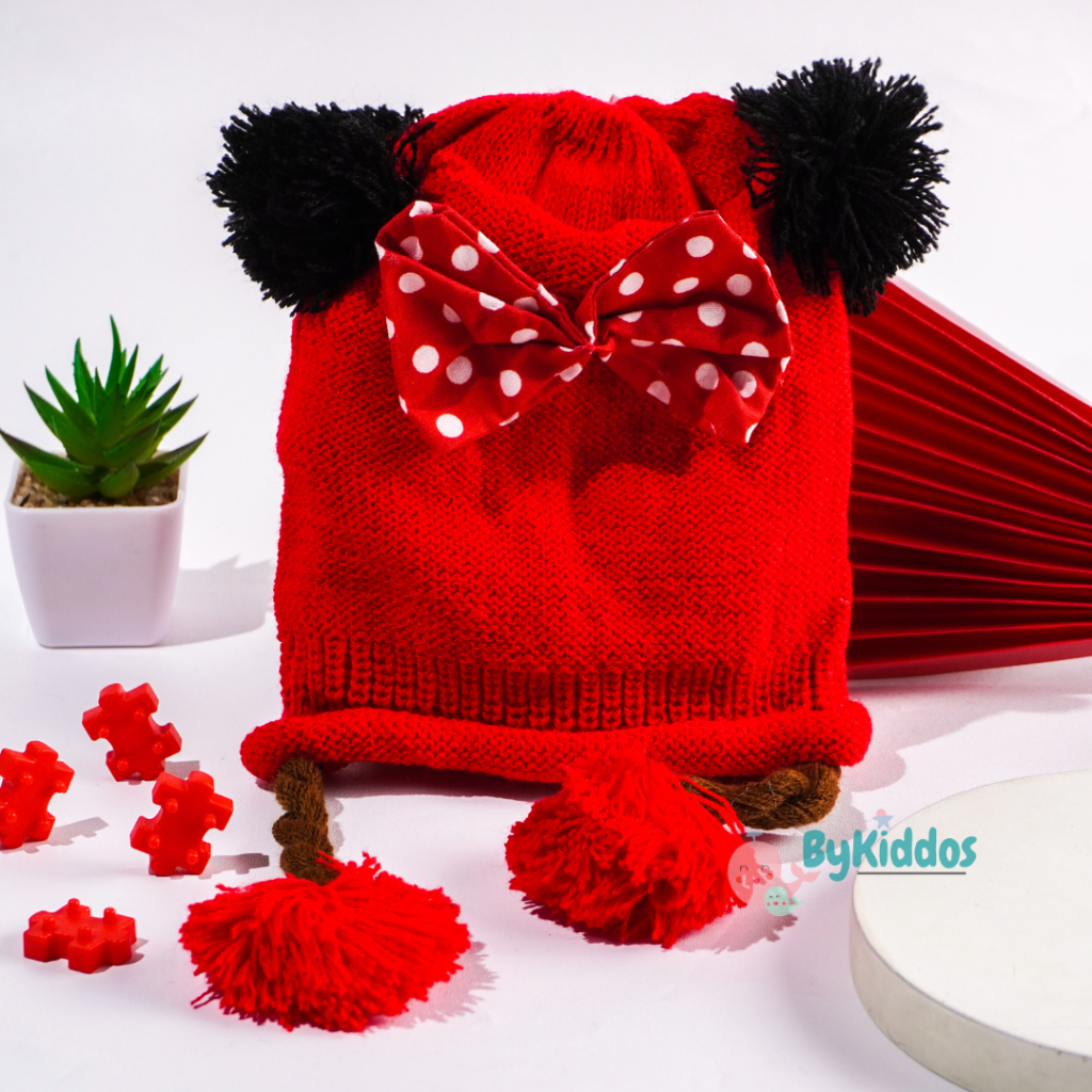 Bykiddos - Topi Kupluk Rajut Bayi Pom Pom Kepang Minie Motif Pita Tengah
