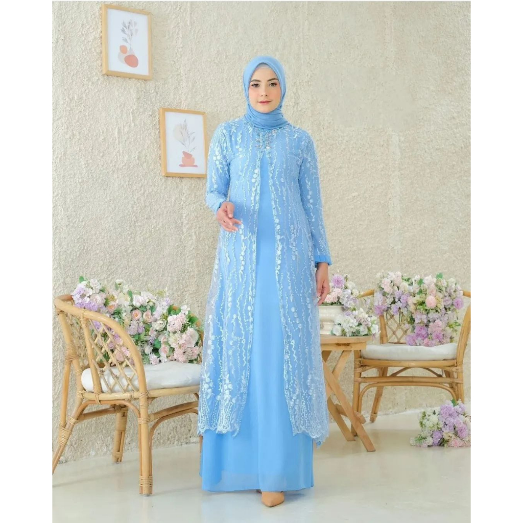 Baju Kondangan Seragaman Wanita Zipper Belakang Aplikasi Mutiara Gamis Dress Brukat Terlaris Indira Dress Maksi Fashion Muslimah Pakaian Wanita Pernikahan