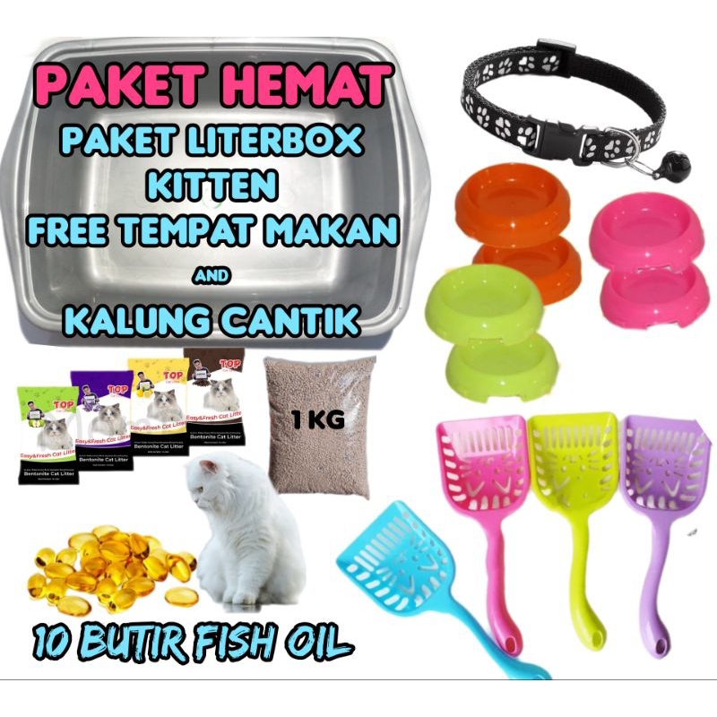 PAKET BAK PASIR + Sekop + 1KG Pasir Gumpal Wangi BENTONITE TIMO,TOP,TOTO GRATIS TEMPAT MAKAN KUCING + MINYAK IKAN VITAMIN OMEGA 10 BUTIR