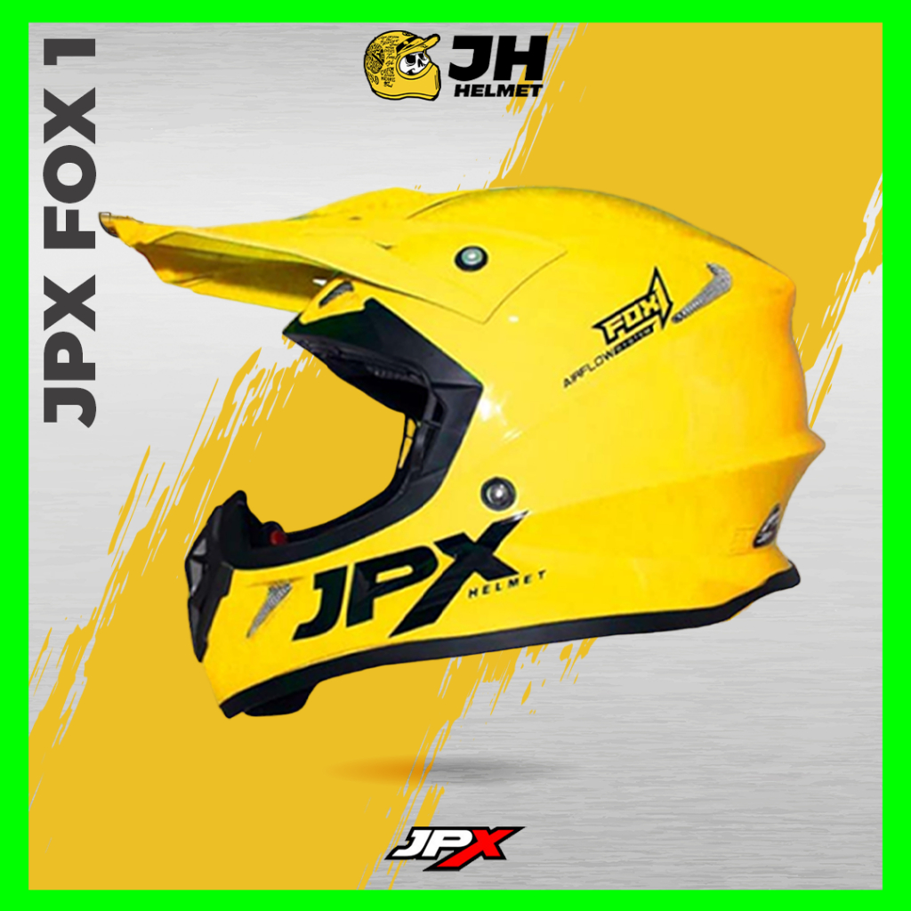 Helm JPX Cross Fox1 Solid Yellow Fluo Gloss | Fox 1 Trail | Helm Full Face | JUAL HELM