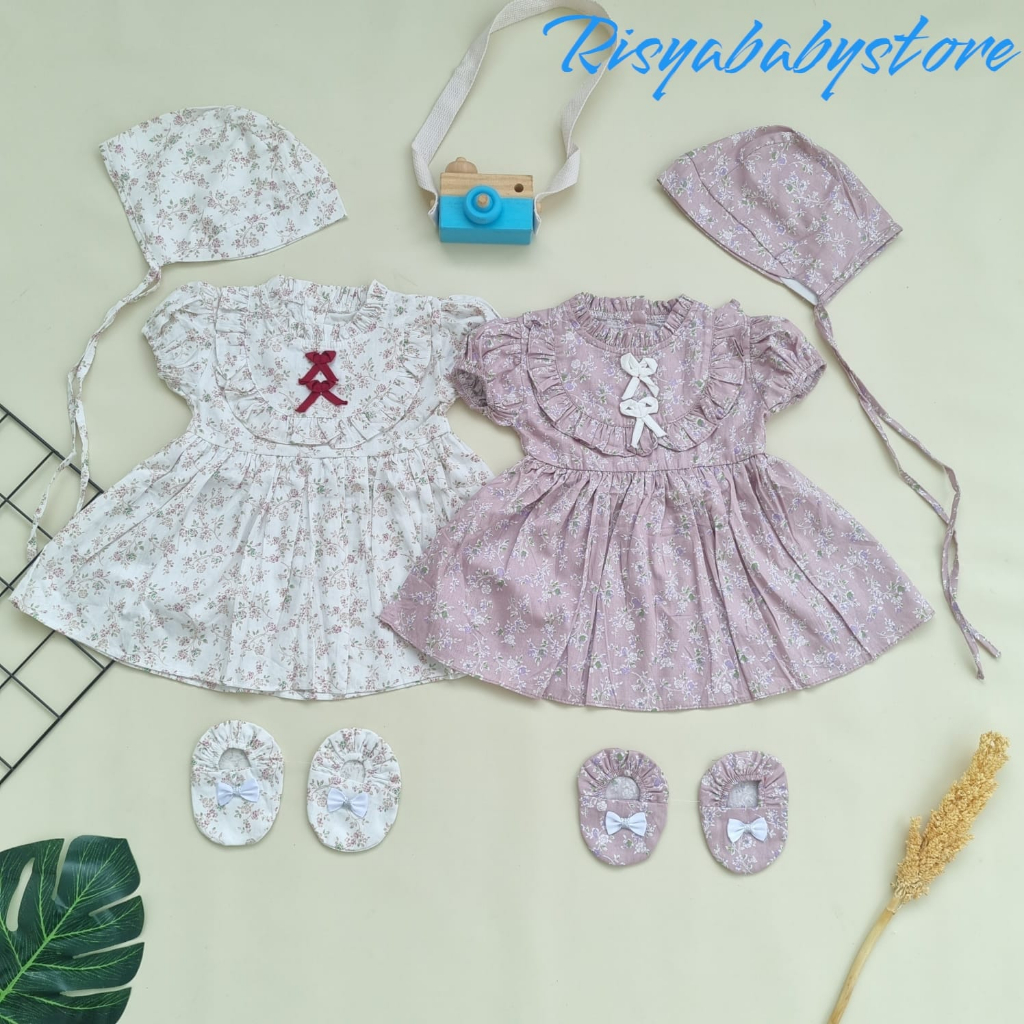 Dress bayi cewek 0-6 bulan pakaian bayi perempuan set bonet dress bayi newborn