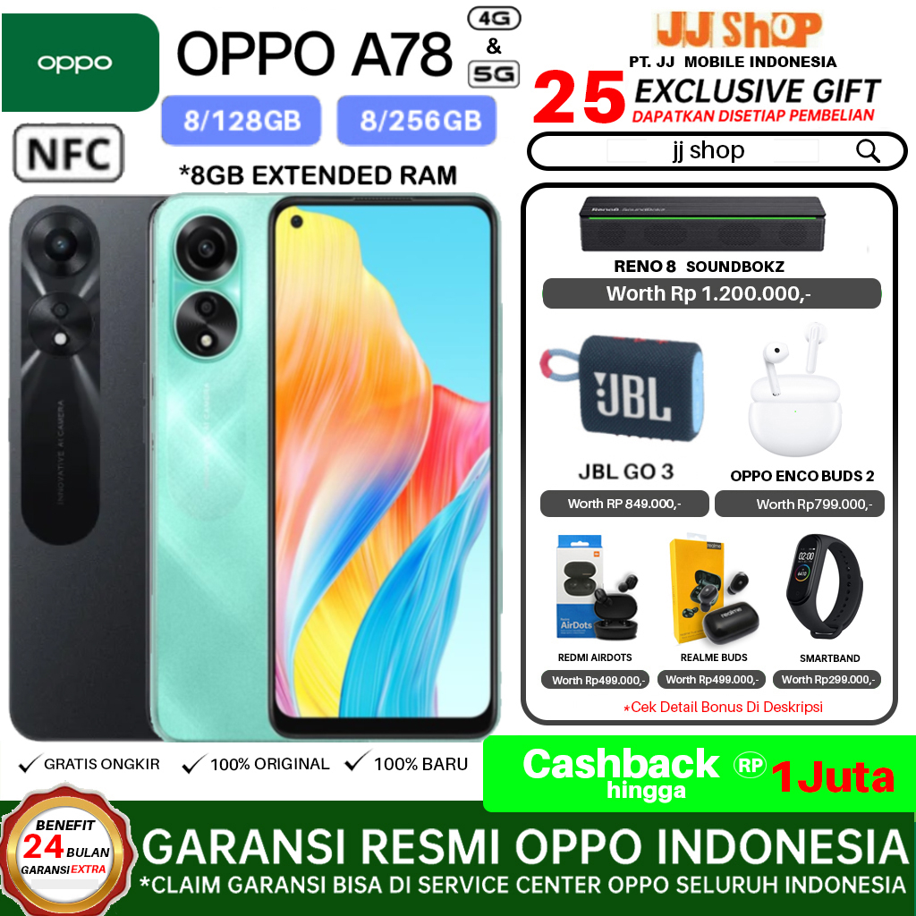 OPPO A78 5G 8/128 GB &amp; A78 4G 8/256 GB RAM 8GB +8GB extended ROM 128GB 256GB GARANSI RESMI