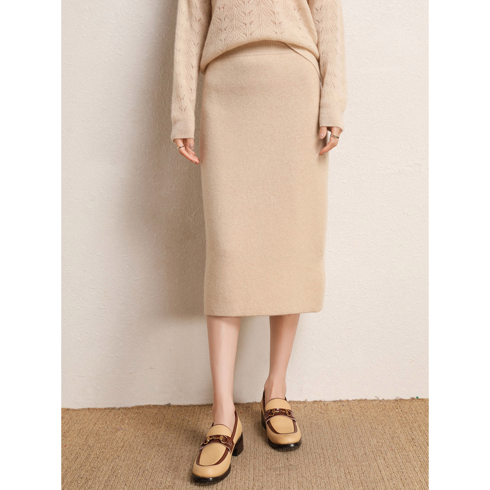 Slit midi knit skirt 60cm cream
