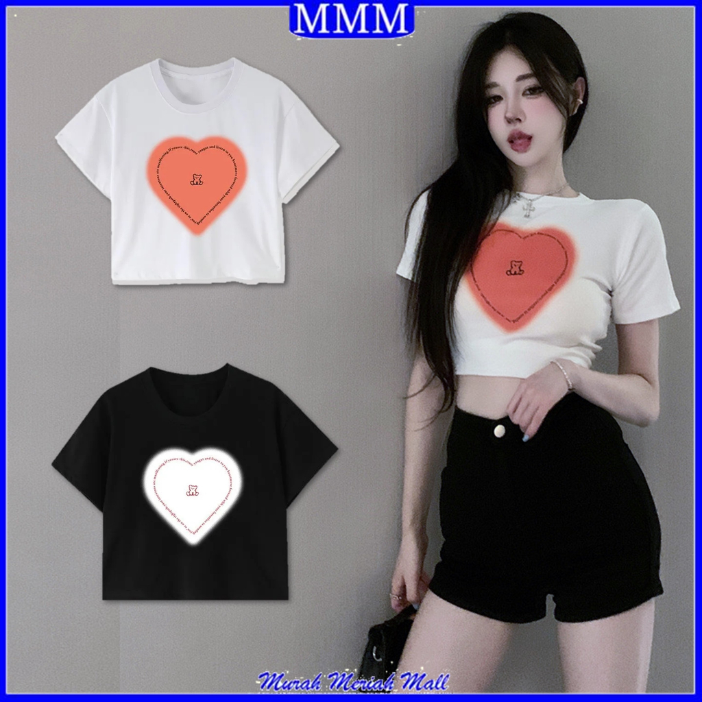 MMM Baju Croptop Wanita Motif Love Beruang Model Kekinian Kaos Atasan Wanita T-Shirt Women Short Sleeve  Kode 6819 Atasan Lucu Croptop