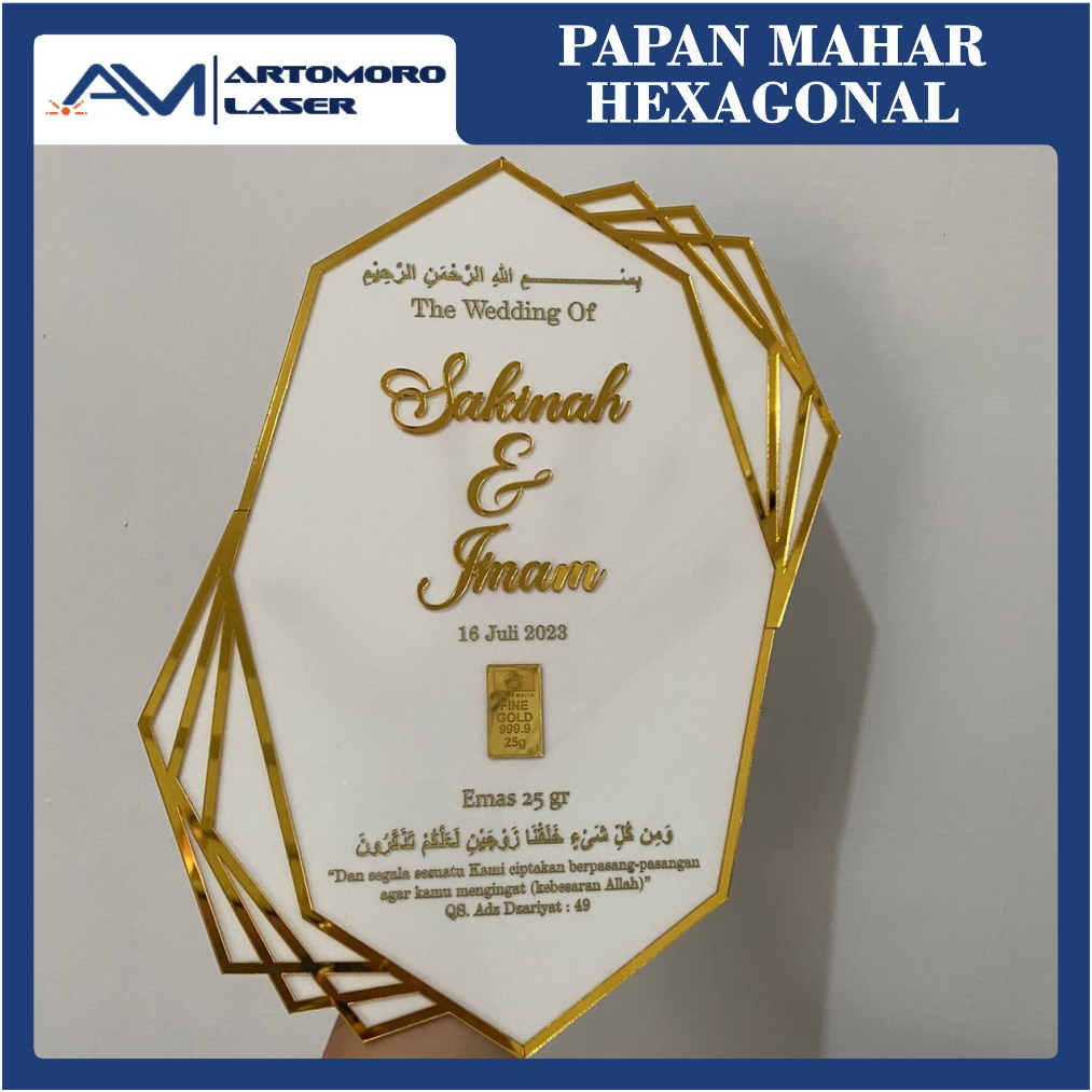 PAPAN MAHAR HEXAGONAL MIRROR GOLD AKRILIK SESERAHAN MAHAR DEKORASI HEXA CUSTOM AKRILIK ACYLIC