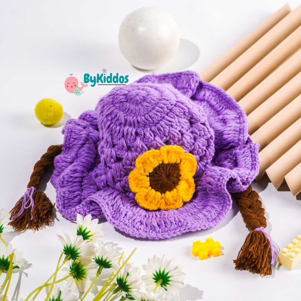 ByKiddos - Kupluk Kepang Wig Aplikasi Bunga dan  Pita / Topi Kepang Anak Perempuan