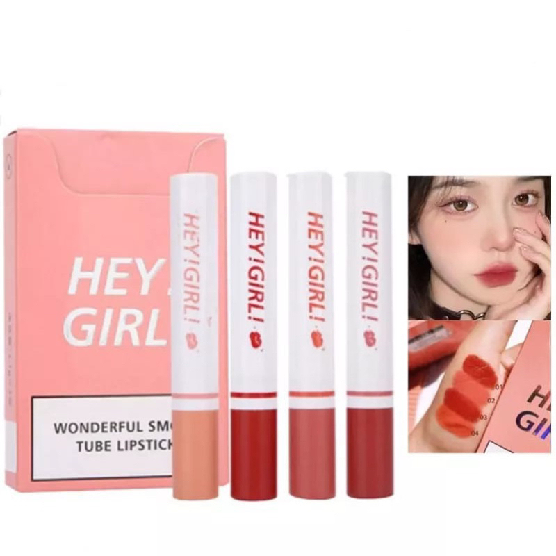 REAL INSTANT TERCEPAT {1 PACK 4 PCS }FREE ONGKIR COD TERMURAH HEY GIRL LIPSTICK KOREA 1 BOX ISI 4 WARNA MATTE TAHAN LAMA