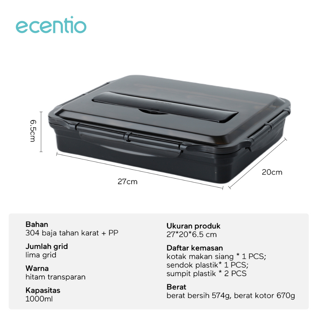 ecentio &amp; FOODI lunch box stainless anti tumpah 5 Sekat tempat bekal 1000ml/mangkuk sup 300ml 304 Stainless steel/tempat bekal Tahan Panas microwavable/Free Kapasitas mangkuk sup 300ml/Free Sendok
